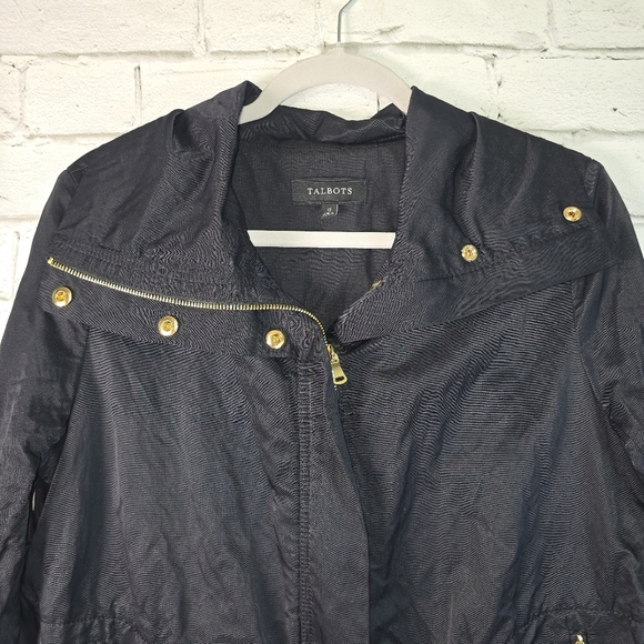TALBOTS BLACK MOTO STYLE NYLON RAIN JACKET, ASSYMETRICAL SIZE 12 - Picture 2 of 14